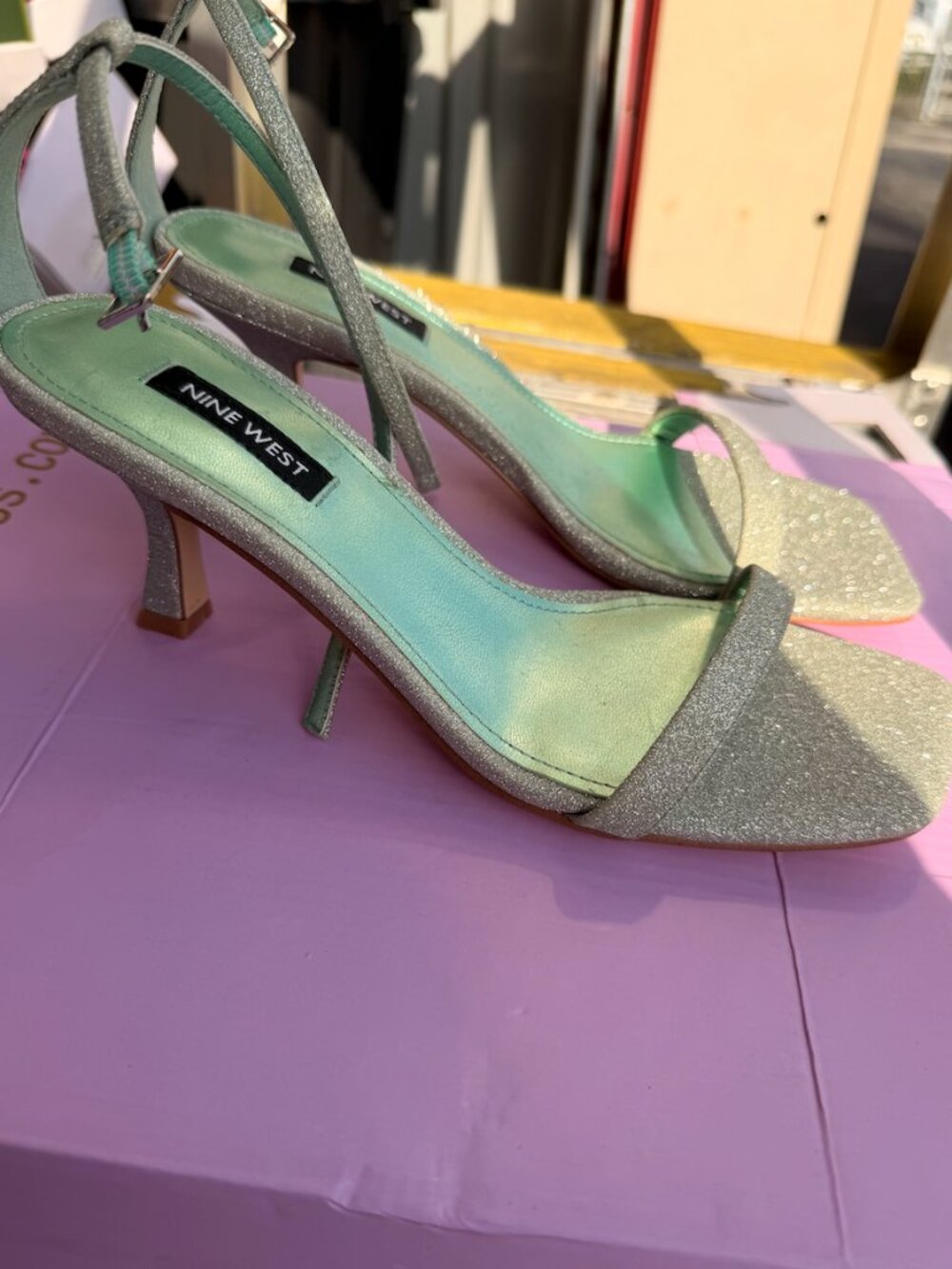 Nine West Silver Glitter Strappy Heeled Sandals | Size 7.5